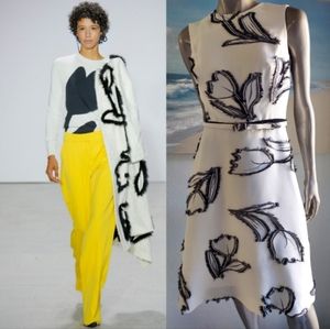 ◇$2,590 NEW OSCAR DE LA RENTA GORGEOUS WHITE BLACK TULIP EMBROID RUNWAY DRESS 6